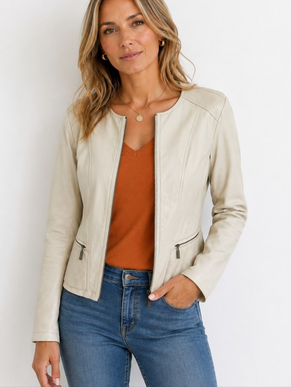 Faux Leather Beige Zip Jacket By Alfani Small